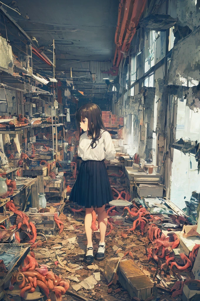 Girl captured by tentacles in abandoned factory　Tentacles in a skirt　Pants fabric texture　