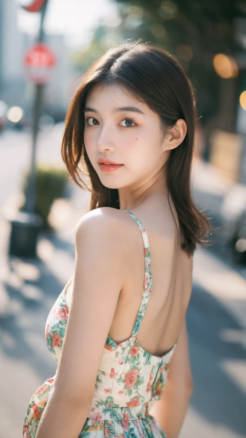 ((Best quality, 8k, masterpiece:1.3)),1girl,18 years old,Asian,Real texture:1.3,(Background blur:1.1),Dress Up,Tall and slender figure:1.2,(Hot summer weather),(street:1.3),Highly detailed face and skin textures,Exquisite eyes,Long eyelashes,Double eyelids,Skin Whitening,happy,Various postures,Breast