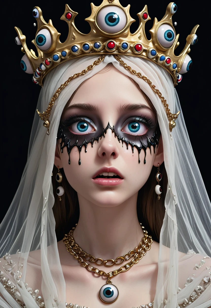 Grotesque Aesthetics：Girl with extra eyes，There are many eyeballs growing on the skin of the face，Eyeball Necklace，Eyeball Crown，Realistic eyeballs，teeth，Distorted face， Solitary，black background，crown，veil，hand，3D eyeball necklace，
