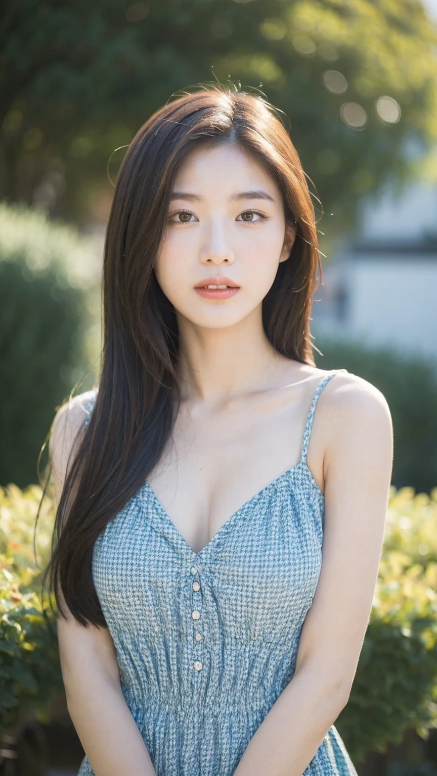 ((Best quality, 8k, masterpiece:1.3)),1girl,18 years old,Asian,Real texture:1.3,(Background blur:1.3),Dress Up,Tall and slender figure:1.2,(Hot summer weather),(garden:1.3),Highly detailed face and skin textures,Exquisite eyes,Long eyelashes,Double eyelids,Skin Whitening,happy,Breast
