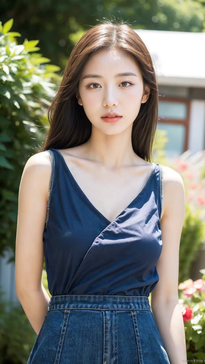 ((Best quality, 8k, masterpiece:1.3))，1girl，18 years old，Asian，Real texture:1.3，(Background blur:1.3)，Dress Up，Tall and slender figure:1.2，(Hot summer weather)，（garden:1.3），Highly detailed face and skin textures，Exquisite eyes，Long eyelashes，Double eyelids，Skin Whitening，happy，Breast