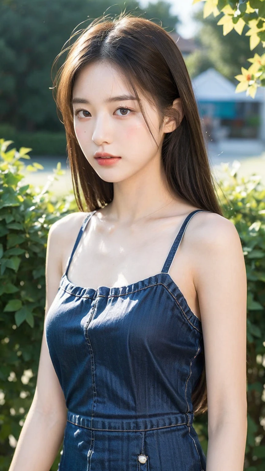 ((Best quality, 8k, masterpiece:1.3))，1girl，18 years old，Asian，Real texture:1.3，(Background blur:1.3)，Dress Up，Tall and slender figure:1.2，(Hot summer weather)，（garden:1.3），Highly detailed face and skin textures，Exquisite eyes，Long eyelashes，Double eyelids，Skin Whitening，happy，Breast