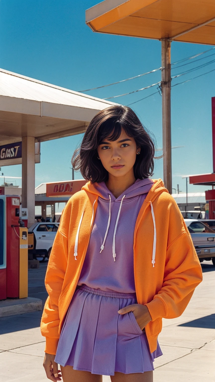 Fujifilm XT3,1 girl,close up photo, wear (((color orange oversized_hoodie))), wear ((purple tennis skirt)),hands in hoodie pocket,looking front,Best Quality,Masterpiece,Ultra High Resolution,(Realisticity:1.4),Original Photo,light leak,ultra high resolution,UHD,beautiful, (bokeh:1) (black bob hair, almond eye, no makeup, in front of (80's colorful gas station), (realistic:1.2), (surreal:1.3), (very detailed:1.1), ((masterpiece)),summer, blue sky, palm trees,sunny, los angles vibes