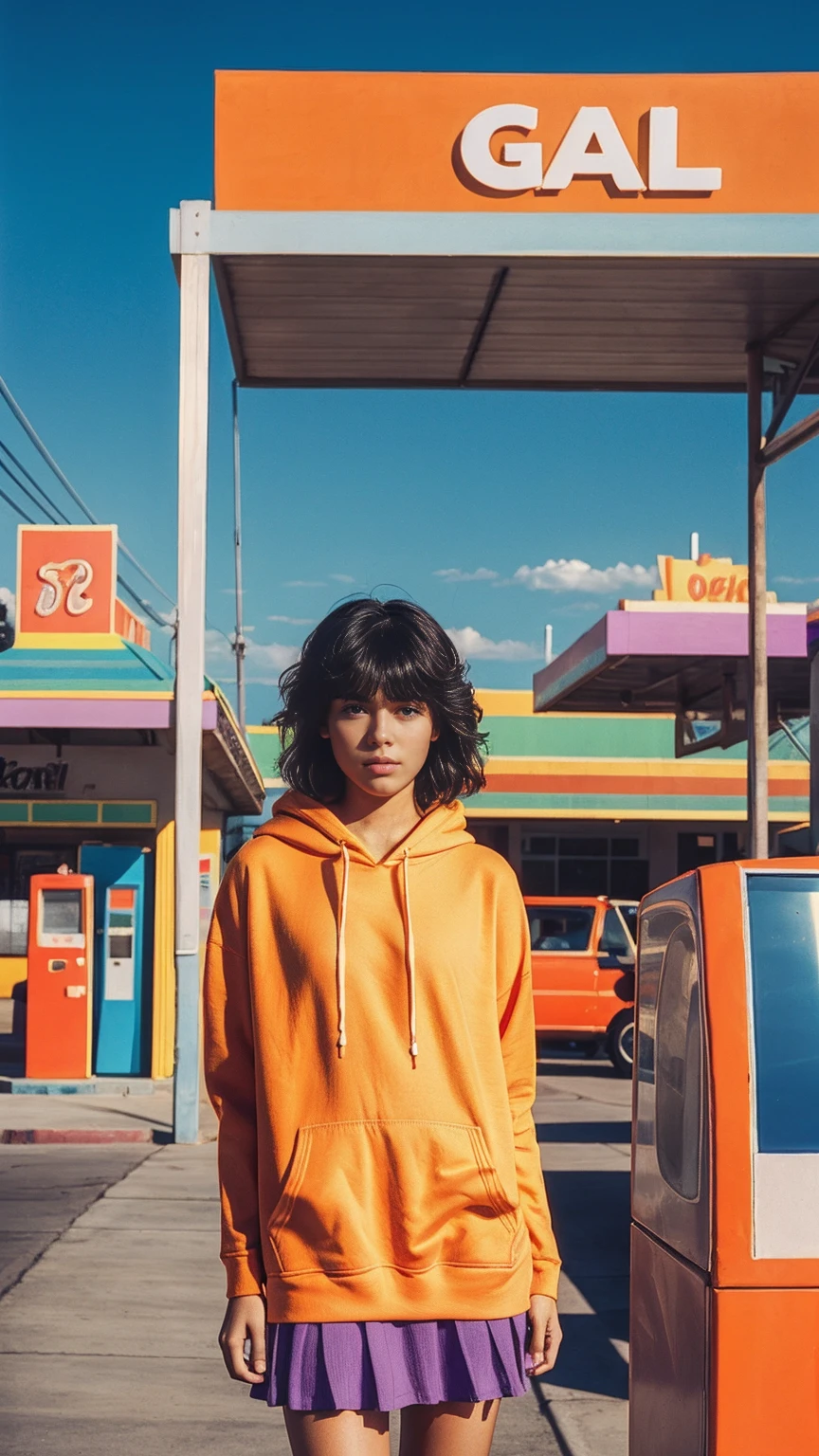 Fujifilm XT3,1 girl,close up photo, wear (((color orange oversized_hoodie))), wear ((purple tennis skirt)),hands in hoodie pocket,looking front,Best Quality,Masterpiece,Ultra High Resolution,(Realisticity:1.4),Original Photo,light leak,ultra high resolution,UHD,beautiful, (bokeh:1) (black bob hair, almond eye, no makeup, in front of (80's colorful gas station), (realistic:1.2), (surreal:1.3), (very detailed:1.1), ((masterpiece)),summer, blue sky, palm trees,sunny, los angles vibes