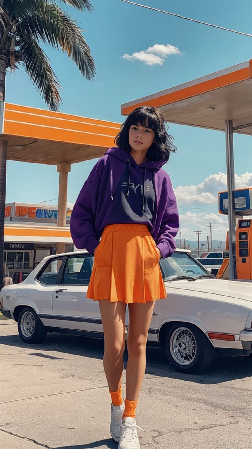 Fujifilm XT3,1 girl,close up photo, wear (((color orange oversized_hoodie))), wear ((purple tennis skirt)),hands in hoodie pocket,looking front,Best Quality,Masterpiece,Ultra High Resolution,(Realisticity:1.4),Original Photo,light leak,ultra high resolution,UHD,beautiful, (bokeh:1) (black bob hair, almond eye, no makeup, in front of (80's colorful gas station), (realistic:1.2), (surreal:1.3), (very detailed:1.1), ((masterpiece)),summer, blue sky, palm trees,sunny, los angles vibes