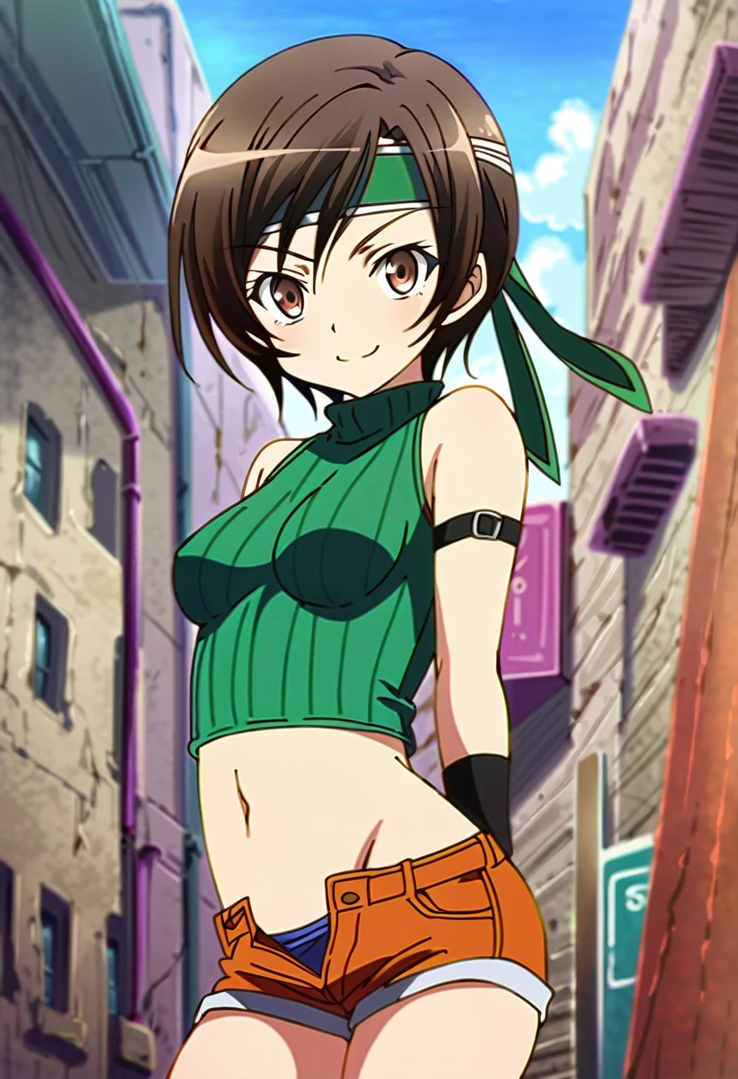 score_9, score_8_up, score_7_up,,BREAK source_anime, from side,side view,,arms behind back.upperbody,,looking_at_viewer,1girl, yuffie kisaragi, final fantasy, short hair,headband,navel,sleeveless,turtleneck,brown eyes,sleeveless turtleneck,solo,breasts,looking at viewer,smile,gloves,crop top,brown hair,shorts,midriff,,sweater,open fly,fingerless gloves,ribbed sweater,medium breasts,,smile,smug,(best quality),(aesthetic,very aesthetic),masterpiece,(high-resolution), (anime screenshot:0.5),(mid),(superior contrast.ultra sharp).