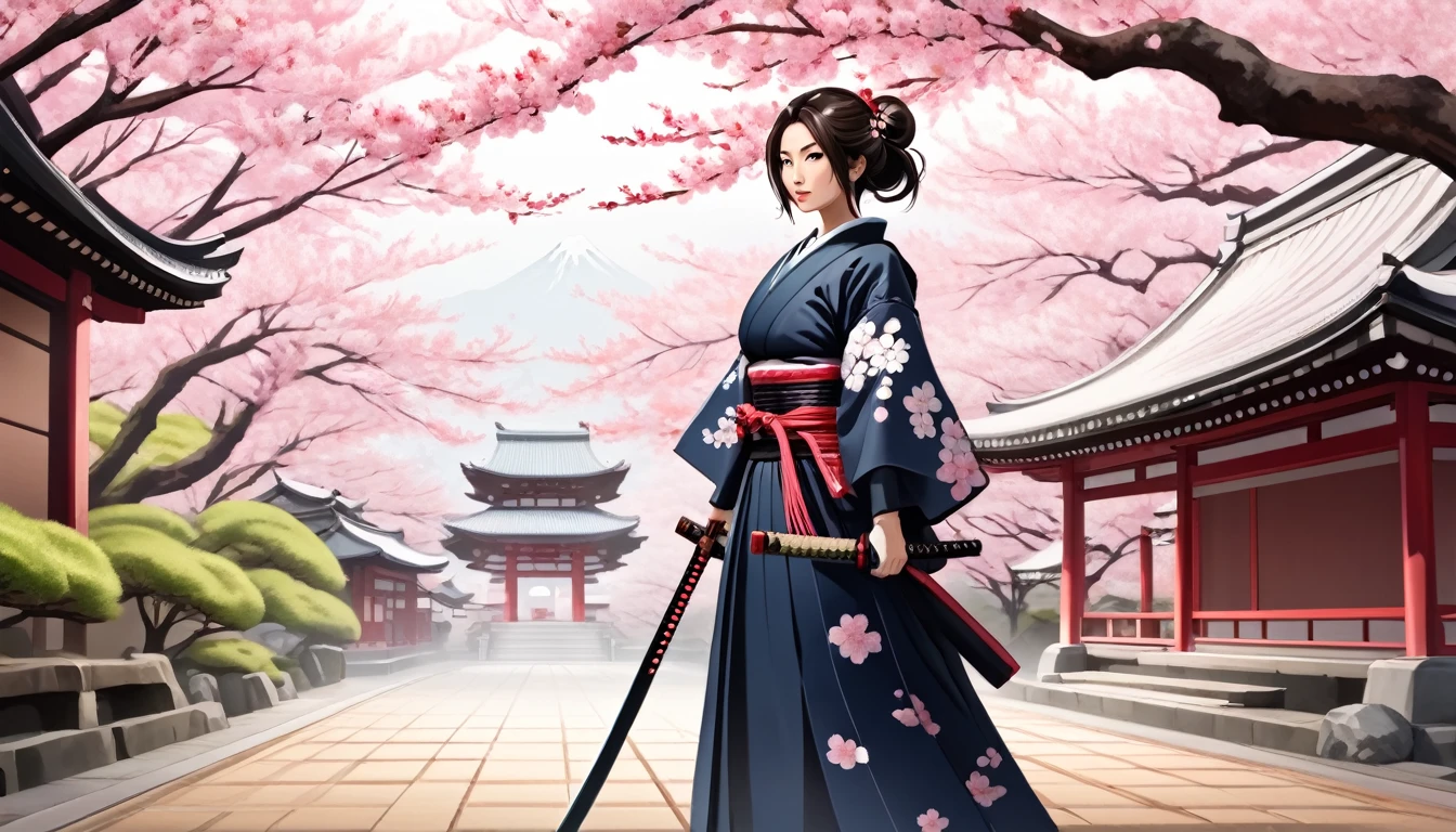 Female samurai,Background is cherry blossoms and a Japanese temple、
