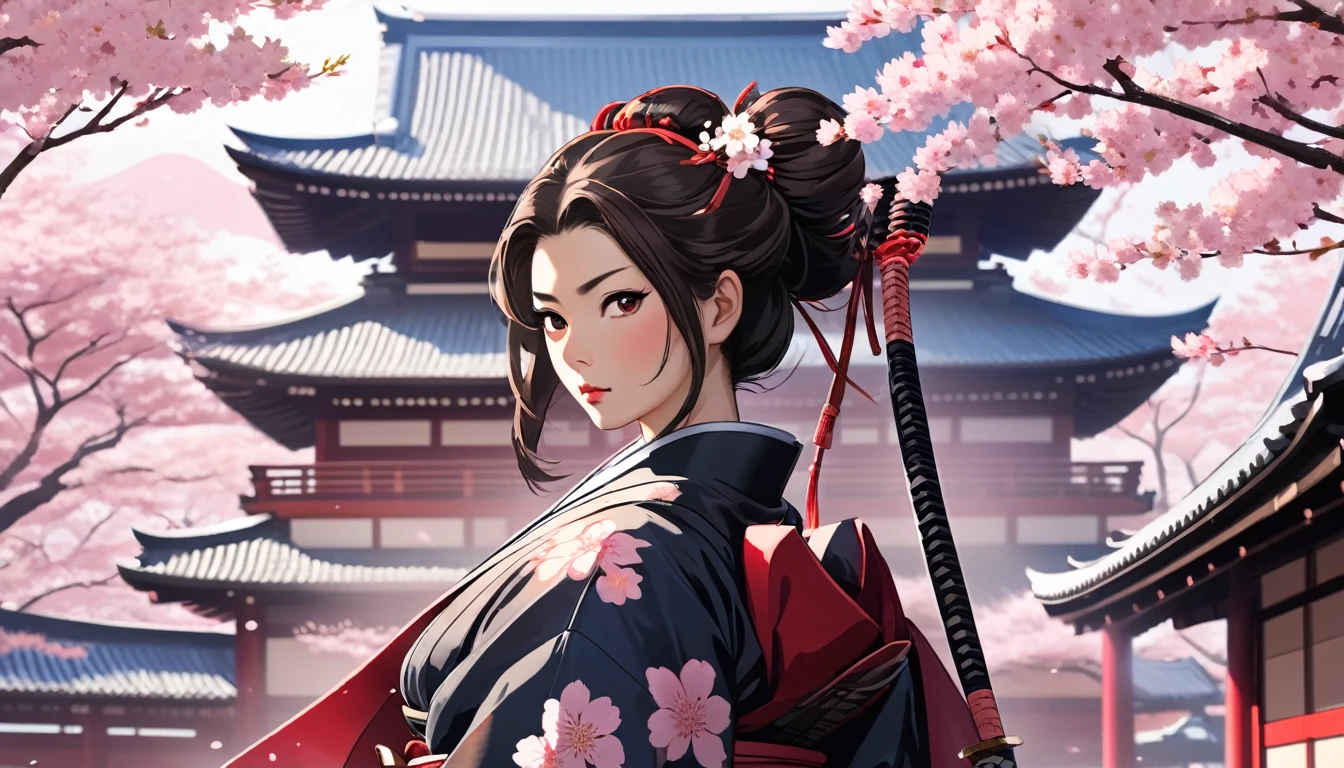 Female samurai,Background is cherry blossoms and a Japanese temple、