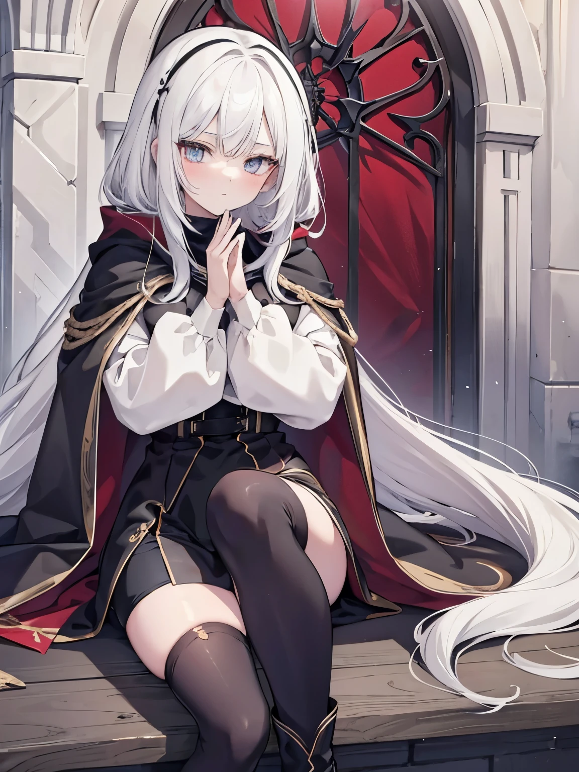 White hair，Waist-length hair，beautiful girl，No Expression，whole body，Height 145 cm，Black shawl cloak，A cloak that covers the body，Different world，HD，8K，detail，whole body，Over the knee socks，Knee socks，Black Silk，Red vest，Black shorts，Ankle boots，No background，With hands，Normal hand,Cute eyes，Normal hands