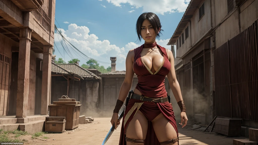 Attack on titan anime, mikasa in indian attire, standing with sword, tight cleavage, curvy body, sexy, staring seductively