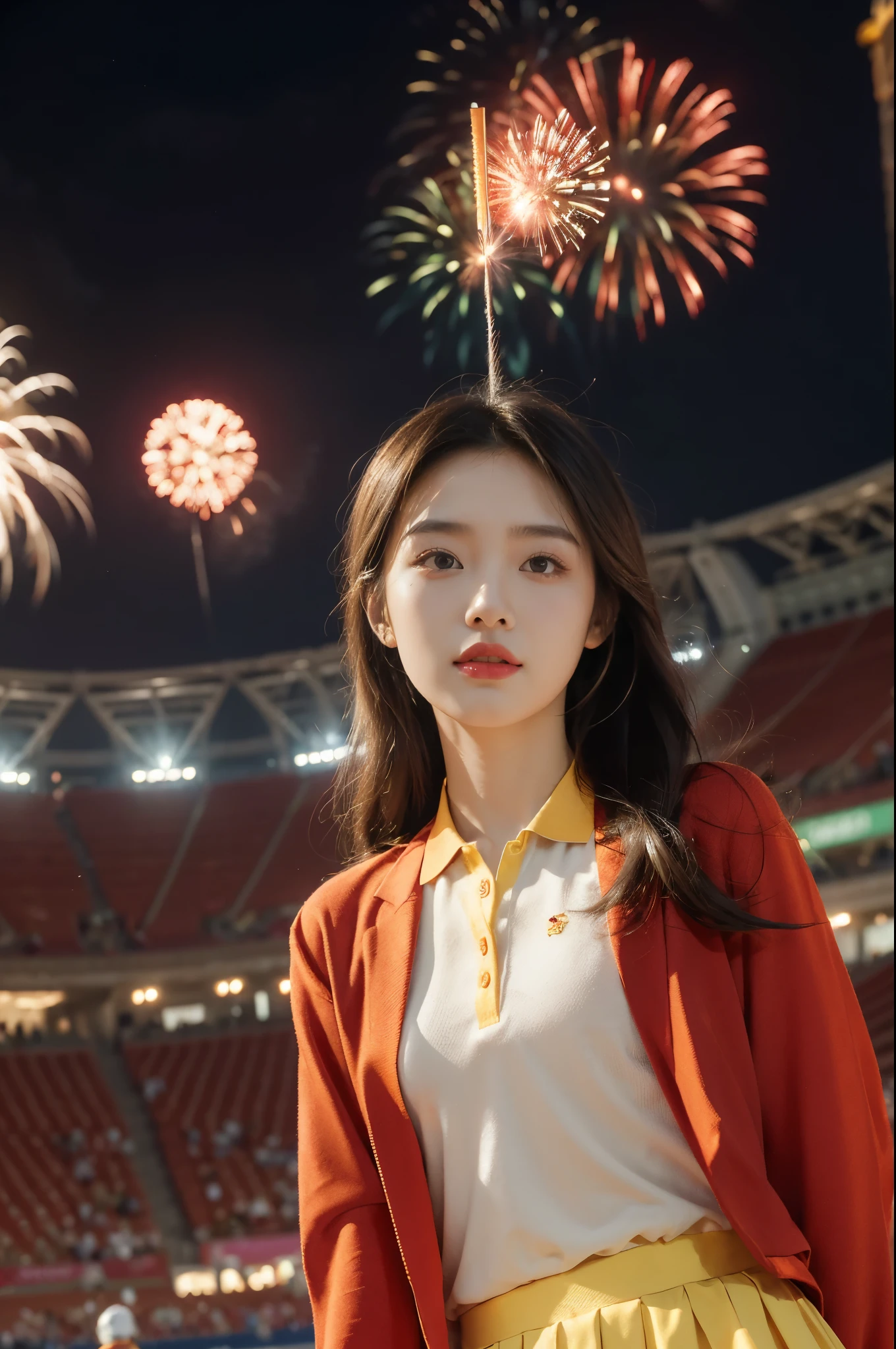 (((best quality))),(((ultra detailed))),(((masterpiece))),illustration, ((Olympic Opening Ceremony,in Paris,summer night,magnificent National stadium of France,Olympic flame, fireworks)),(crowded crowds of enthusiastic spectators:1.3),((a beautiful Chinese girl,solo)),((shoulder length straight hair:1.2)),((slim,thin)),((small breasts,flat chest)),(red polo blazer:1.5),(yellow skirt:1.2),(slender legs:1.2),excited expression, awe, celebrating, electric atmosphere, sense of pride, excitement, playing field, crowd energy, unity, camaraderie, representing China, historic event, memorable moment,((from front,upper body))