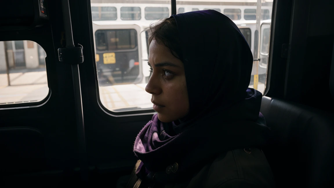 photoshot, 8k, sharp focus, white boy with short brown hair, face with bruises and bloodstains, expression of concern and fear, hugging a black girl with purple hijab, girl with worried expression, eyes full of uncertainty and fear, (detailedeyes:0.8), (looking out the window:1.4), (highest quallity), (best shade), soft lighting inside the bus, rim lighting, Two-tone lighting, typical bus interior with yellow bars and windows in the background, dimly-lit, striking contrast between her dark skin and the surrounding environment, (realisitic:1.3), 8k, sense of urgency and suspense, Intricate details and well-defined shadows.