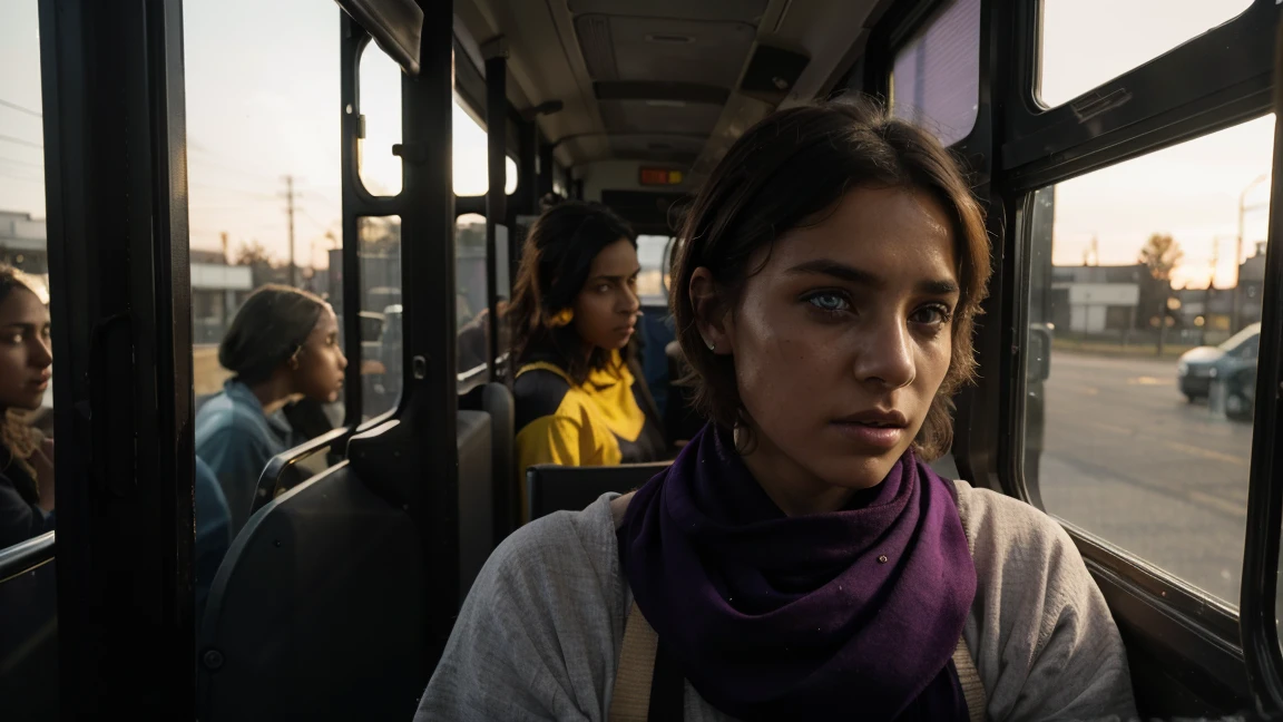 photoshot, 8k, sharp focus, white boy with short brown hair, face with bruises and bloodstains, expression of concern and fear, hugging a black girl with purple hijab, girl with worried expression, eyes full of uncertainty and fear, (detailedeyes:0.8), (looking out the window:1.4), (highest quallity), (best shade), soft lighting inside the bus, rim lighting, Two-tone lighting, typical bus interior with yellow bars and windows in the background, dimly-lit, striking contrast between her dark skin and the surrounding environment, (realisitic:1.3), 8k, sense of urgency and suspense, Intricate details and well-defined shadows.