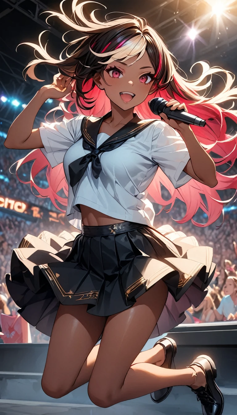 (highest quality:1.2, Very detailed, up to date, Vibrant, Ultra-high resolution, High Contrast, masterpiece:1.2, highest quality, Best aesthetics), (25 years old), Portraiture、girl、singer、stage、performance、Rock Music、Bright colors、Beautiful fine details、Beautiful lip detail、midium wave hair、red and white ((streaked hair:1.6)), highlights hair: 1.5, red eyes, slim body, middium breast, (tan skin:1.1), Music band、powerful action pose、Concert Light、Edgy Style、Skirt-style-bikini、loose fit, Dynamic Movement、hypnotic sounds、Stadium、amplifier、Loud music、shouting into the microphone, vocal, jumping:1, left hand up, (right hand holding mike stand:1.5), (Floral Fineline tattoo design on left arm:1), ((mike stand)), Powerful vocals、Passionate performance、Sparkling stage、Concert atmosphere、Music Festival、Full of emotion、Rock star attitude、Resolute expression、Avid Fan、The presence of an attractive stage、 Expressive gestures、Rock star aura、An exciting atmosphere、Sing with all your heart、An unforgettable show, ((full body:1.2)),