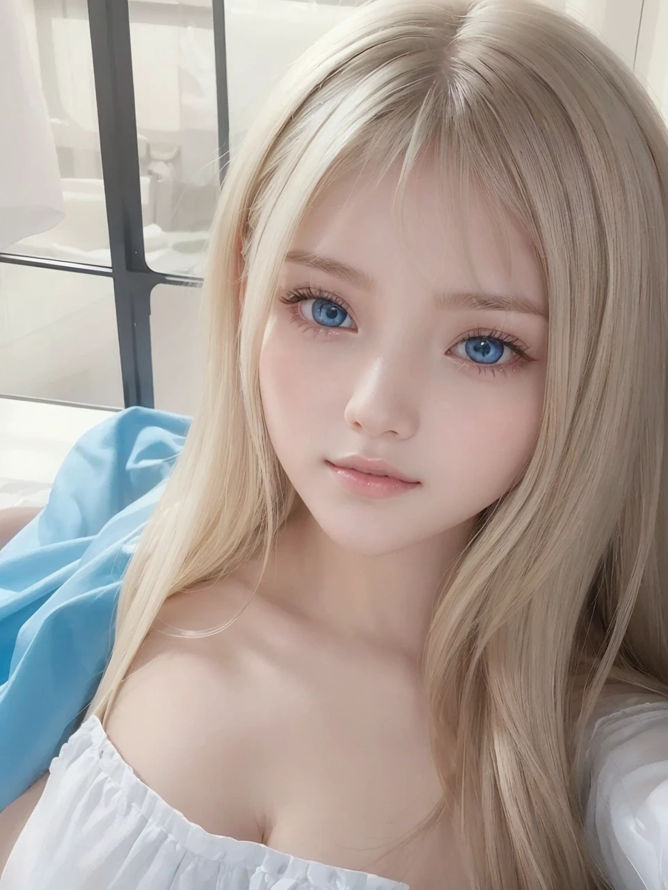 Extremely beautiful face、Small face beauty、Super long silky pearl blonde hair、Hair Play、long bangs hanging on the face,,,、15 year old cute beautiful girl、White beautiful skin、glowy skin、Teak Gloss、Gloss Face、Bright, Pale marine blue eyes glow、big eye、with round face、Beautiful face、Large breasts、Ultimate Beauty