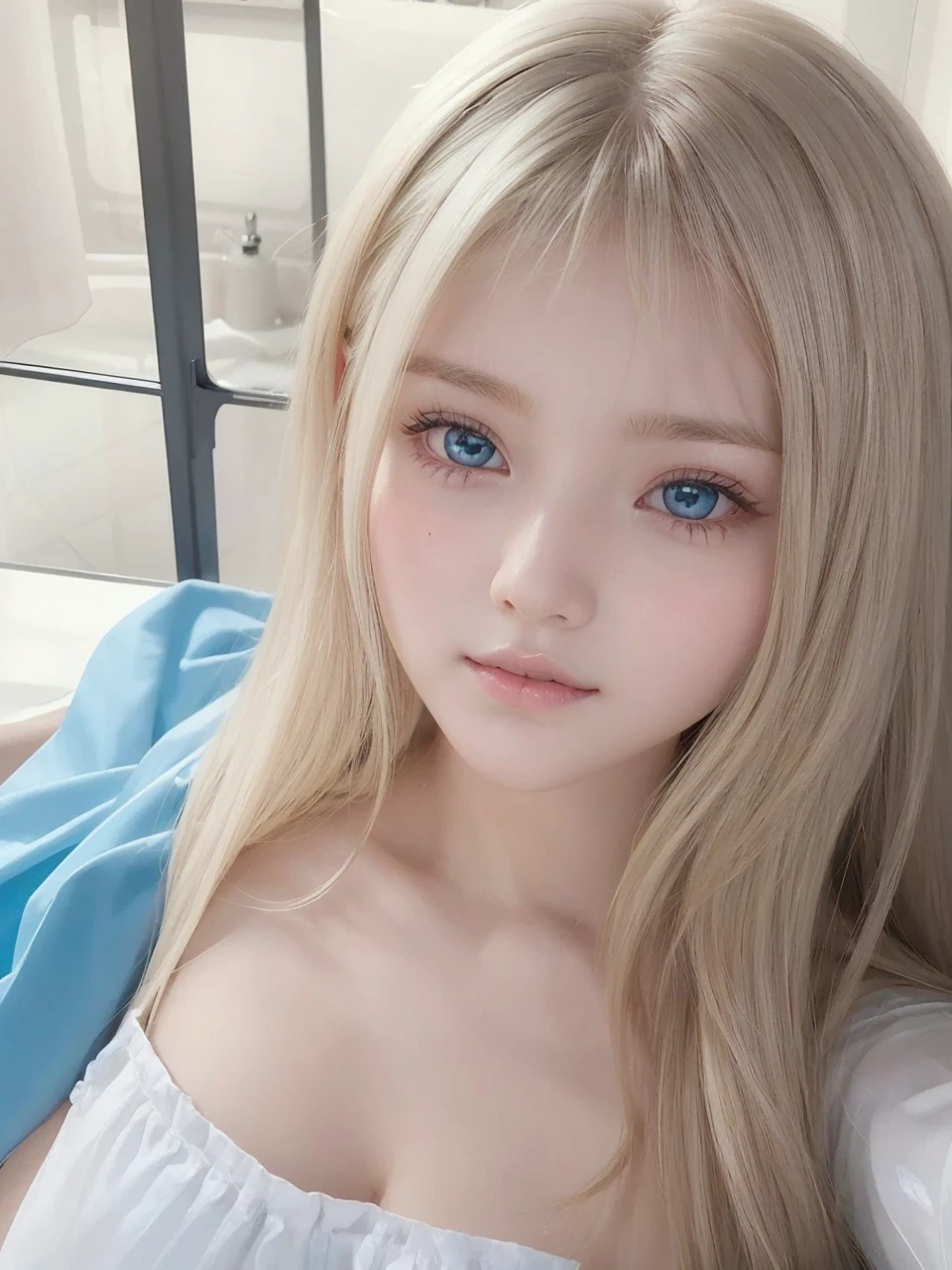 Extremely beautiful face、Small face beauty、Super long silky pearl blonde hair、Hair Play、long bangs hanging on the face,,,、15 year old cute beautiful girl、White beautiful skin、glowy skin、Teak Gloss、Gloss Face、Bright, Pale marine blue eyes glow、big eye、with round face、Beautiful face、Large breasts、Ultimate Beauty