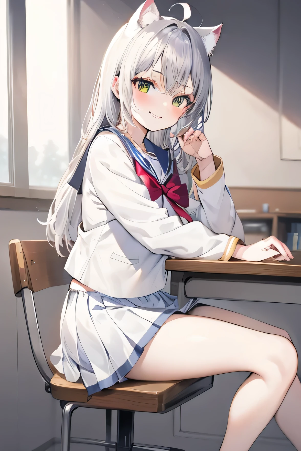 Masterpiece, anime coloring, ultra-detailed, 16k, athletic sitting, close-up from the front, sailor uniform, (transparent), skirt, ((skirt flip, white panties)), silver hair, long hair, yellow cat ears, blush, sitting at desk, whole body, smiling