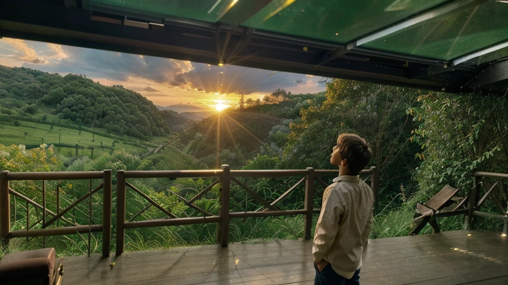 "A highly detailed, photorealistic image of a young boy standing at the edge of a cliff overlooking a vast valley. The boy is gazing in awe at the most beautiful landscape in the world, which includes towering mountains, lush forests, cascading waterfalls, and a vibrant, colorful sky during sunset. The scene is filled with intricate details, capturing the texture of the rocks, the greenery of the trees, and the reflection of the sun's rays on the water. The overall atmosphere should evoke a sense of wonder and tranquility."