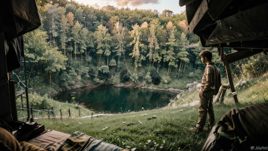  "A highly detailed, photorealistic image of a young boy standing at the edge of a cliff overlooking a vast valley. The boy is gazing in awe at the most beautiful landscape in the world, which includes towering mountains, lush forests, cascading waterfalls, and a vibrant, colorful sky during sunset. The scene is filled with intricate details, capturing the texture of the rocks, the greenery of the trees, and the reflection of the sun's rays on the water. The overall atmosphere should evoke a sense of wonder and tranquility."