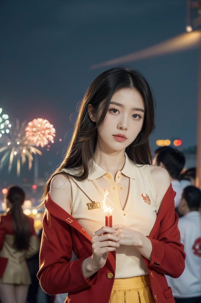 (((best quality))),(((ultra detailed))),(((masterpiece))),illustration, ((Olympic Opening Ceremony,in Paris,summer night,magnificent National stadium of France,Olympic flame, fireworks)),(crowded crowds of enthusiastic spectators:1.3),((a beautiful Chinese girl,solo)),((shoulder length straight hair:1.2)),((slim,thin)),((small breasts,flat chest)),(red polo blazer:1.5),(yellow skirt:1.2),(slender legs:1.2),excited expression, awe, celebrating, electric atmosphere, sense of pride, excitement, playing field, crowd energy, unity, camaraderie, representing China, historic event, memorable moment,((from front,upper body))