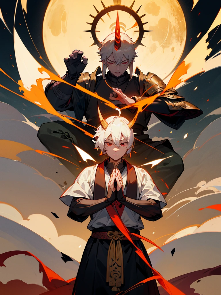 Buddha,Burning Eyes, horn, white short hair, black armor, tori ready, man, full moon, hands together in prayer, Zen meditation golden lion Chi Japanese sword demon vengeful spirit evil spirit Tai 後光 Fubuki