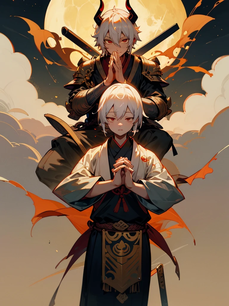 Buddha,Burning Eyes, horn, white short hair, black armor, tori ready, man, full moon, hands together in prayer, Zen meditation golden lion Chi Japanese sword demon vengeful spirit evil spirit Tai 後光 Fubuki