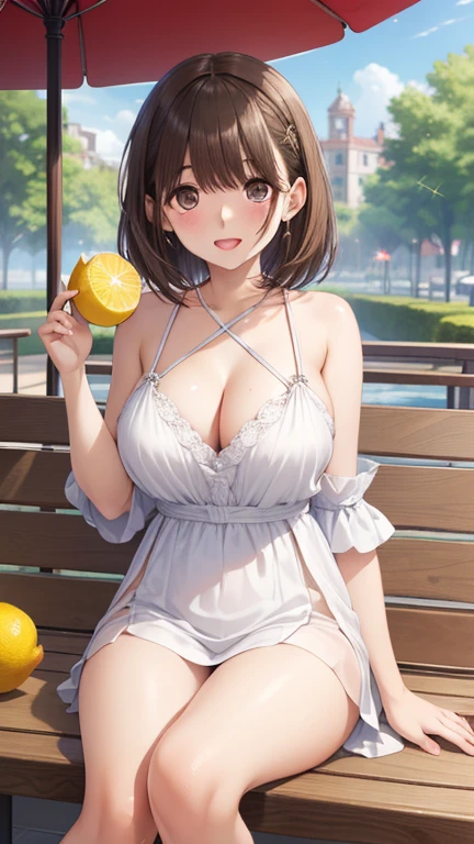 anegasaki nene、Shiny brown hair, short hair, (Beautiful brown eyes、Sparkling eyes, Fine grain)、smile、Ultra-detailed eyes、Highly detailed face, Highly detailed eyes,
Only one female, Sit on the terrace, (Holding a lemon in one hand), (Take a bite), Revealing clothing (Fresh clothes), Mature Woman,
blush, (軽いsmile:0.6), (Watery eyes), (Open your mouth), (Masterpiece Top quality:1.2) Delicate illustrations, super detailed, large breasts
break (Fresh lemon:1.1) break (Stylish cafe terrace) Outdoor, Parasol, sunlight, noon, Detailed Background