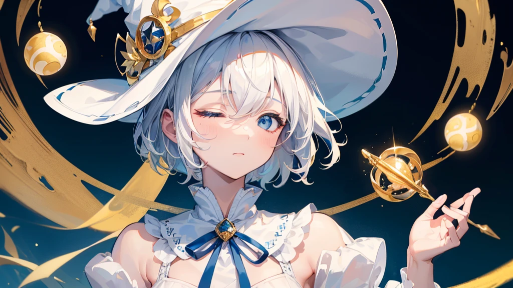 (Highest quality) (4K) (8k) (High resolution) (masterpiece:1.2) (Super detailed) One boy short hair witch The right eye is blue and the left eye is yellow Long sleeve Golden decoration Hair between the eyes Closed Mouth White Dress Wavy white hair Upper Body Blue hat Golden Background Embarrassed Being spoiled (Looking up) (Cast a spell)