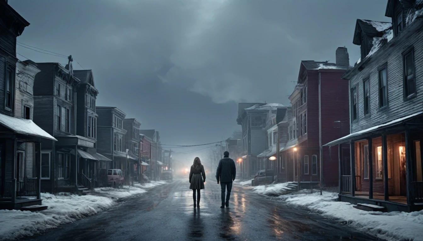   A scary horror image of a small town in the interior of the northeast,with a woman ,  and a man in front of the city,  PICTURE REALISTIC, high resolution, 8k 