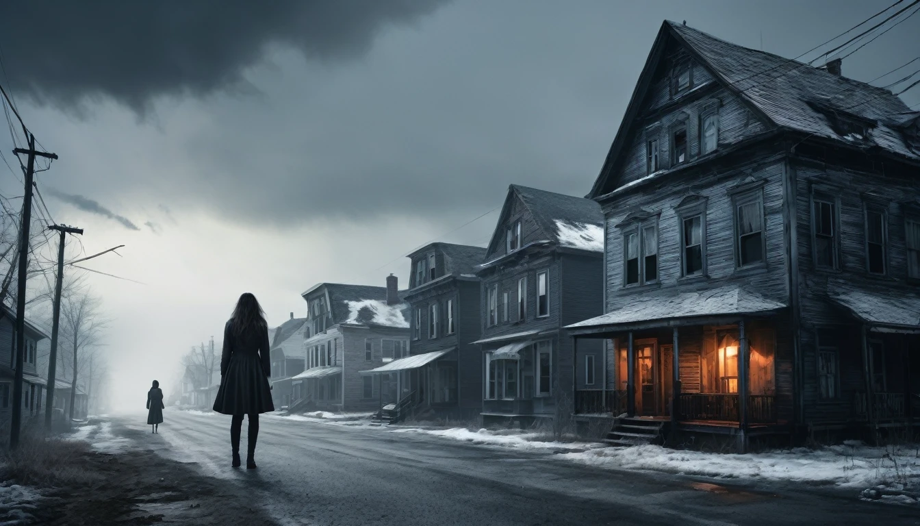 A scary horror image of a small town in the interior of the northeast,with a woman , and a man in front of the city, PICTURE REALISTIC, high resolution, 8k
