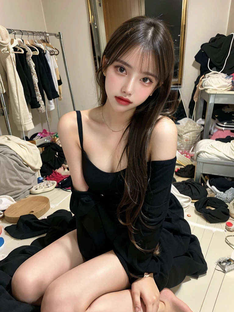 Best quality, masterpiece, ultra high res, (photorealistic:1.4),
1girl, offshoulder, deep shadow, shiny skin,messyroom, Sitting position,sitting on object,