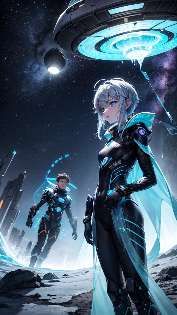 Title: "Cosmic Encounter Where a boy and girl using weapons "
Scene: A futuristic landscape set on Jupiter's moon, Europa. A boy and a girl, both wearing advanced exosuits, stand at the edge of a glowing, iridescent portal. The portal pulsates with an otherworldly energy, illuminating the surrounding ice terrain.
In the background, the massive planet Jupiter looms large, its swirling storm clouds and vibrant aurora displays lighting up the dark sky.
To the left, a sleek, silver UFO descends from the clouds, its hull etched with strange, alien symbols. A being with elongated limbs and large, black eyes emerges from the ship, its gaze fixed on the portal.
The boy and girl hold futuristic weapons, their eyes locked on the alien visitor. The weapons' screens display holographic data streams, indicating advanced AI technology at work.
Color Palette:
- Soft blues and whites for the icy terrain
- Vibrant oranges and purples for Jupiter's atmosphere
- Metallic silvers and blacks for the UFO and weapons
- Glowing iridescent hues for the portal
Atmosphere:
- An air of tension and wonder as the characters confront the unknown
- A sense of advanced technology and futuristic exploration
- A hint of mystery surrounding the portal and the alien's intentions
Task: Capture the Boy and girl's face looking at each othes face while holding weapons in their hands and cosmic encounter, where humanity's future meets the unknown.
Task: Make without exposing Clothes