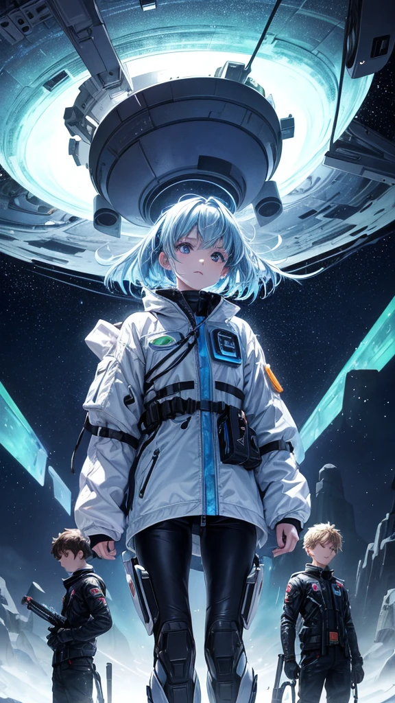Title: "Cosmic Encounter Where a boy and girl using weapons "
Scene: A futuristic landscape set on Jupiter's moon, Europa. A boy and a girl, both wearing advanced exosuits, stand at the edge of a glowing, iridescent portal. The portal pulsates with an otherworldly energy, illuminating the surrounding ice terrain.
In the background, the massive planet Jupiter looms large, its swirling storm clouds and vibrant aurora displays lighting up the dark sky.
To the left, a sleek, silver UFO descends from the clouds, its hull etched with strange, alien symbols. A being with elongated limbs and large, black eyes emerges from the ship, its gaze fixed on the portal.
The boy and girl hold futuristic weapons, their eyes locked on the alien visitor. The weapons' screens display holographic data streams, indicating advanced AI technology at work.
Color Palette:
- Soft blues and whites for the icy terrain
- Vibrant oranges and purples for Jupiter's atmosphere
- Metallic silvers and blacks for the UFO and weapons
- Glowing iridescent hues for the portal
Atmosphere:
- An air of tension and wonder as the characters confront the unknown
- A sense of advanced technology and futuristic exploration
- A hint of mystery surrounding the portal and the alien's intentions
Task: Capture the Boy and girl's face looking at each othes face while holding weapons in their hands and cosmic encounter, where humanity's future meets the unknown.
Task: Make without exposing Clothes