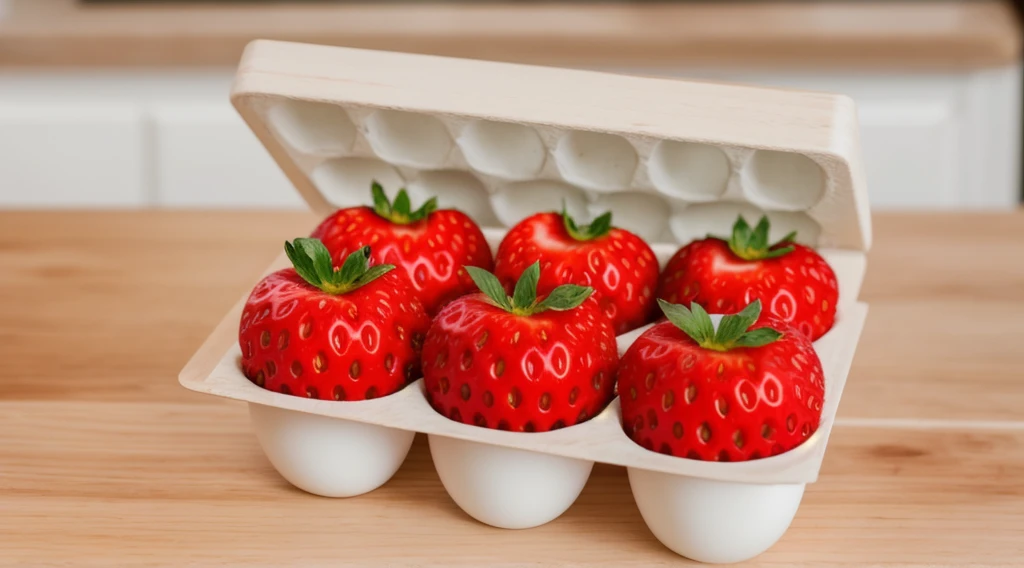 on a wooden table, in a paper egg tray, there are 6 strawberries instead of eggs, strawberries in an egg tray, realistic texture, realistic style, detailed texture, high quality, high resolution, high quality rendering, realistic photo, brightning light, macro photo