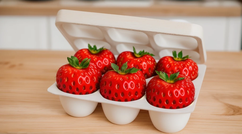 on a wooden table, in a paper egg tray, there are 6 strawberries instead of eggs, strawberries in an egg tray, realistic texture, realistic style, detailed texture, high quality, high resolution, high quality rendering, realistic photo, brightning light, macro photo