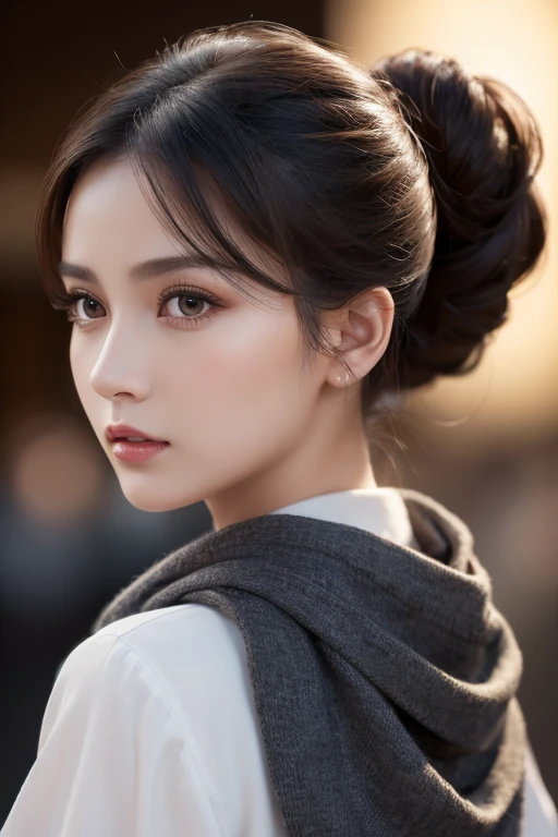 masterpiece、Highest quality、8k、ponytail、Attractive beautiful large almond-shaped eyes、Big black eyes、Long eyelashes、Beautiful cherry lips、A high, well-defined nose、Wolf Cut、((Realistic:1.3))、Cinematic lighting、Challenging eyes、Bold composition、Detailed face on the market、Detailed、Golden Ratio Face、Ultra-high resolution、Beautifully detailed and realistic white skin、Beautiful woman looking back、Scarf wrapped around head
