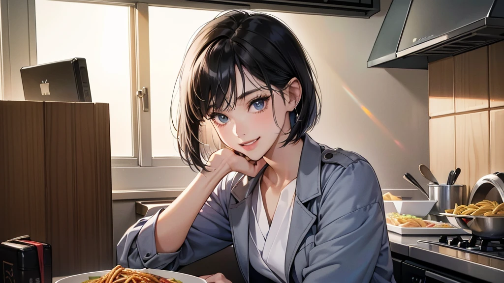 (perfect anatomy:1.2)(absurdres, highres, ultra detailed),masterpiece,best quality,high resolution,8k,Realistic face,Realistic skin texture,magnified textures, stunning clarity,detailed anime girl,(ultra detailed eyes and face),(1 girl:1.2)21years old,she is office worker,lunch time,Italian restaurant in a Japanese district,smile,grin:1.2,black hair, bob cut,natural make,grey jacket and pants,white brouse,light look at winfows,sparkling eyes.small nose,roundface,She looks happy,upper body,Italian restaurant Eating pasta happily