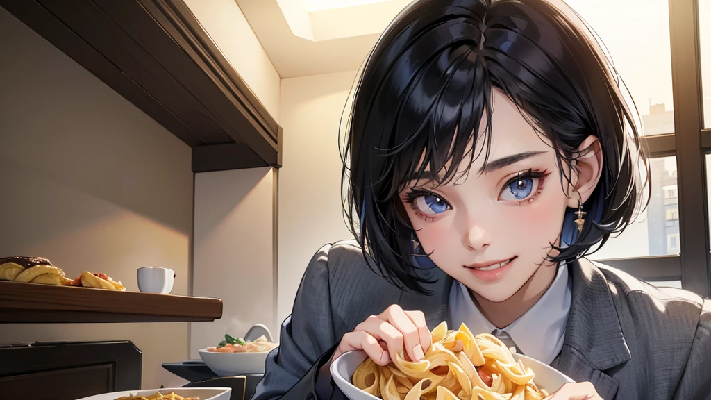 (perfect anatomy:1.2)(absurdres, highres, ultra detailed),masterpiece,best quality,high resolution,8k,Realistic face,Realistic skin texture,magnified textures, stunning clarity,detailed anime girl,(ultra detailed eyes and face),(1 girl:1.2)21years old,she is office worker,lunch time,Italian restaurant in a Japanese district,smile,grin:1.2,black hair, bob cut,natural make,grey jacket and pants,white brouse,light look at winfows,sparkling eyes.small nose,roundface,She looks happy,upper body,Italian restaurant Eating pasta happily