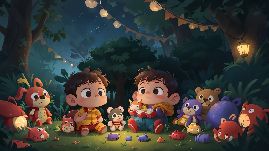 At night, in the darkness, under a sky full of stars, a newborn baby, with toys placed around him.
