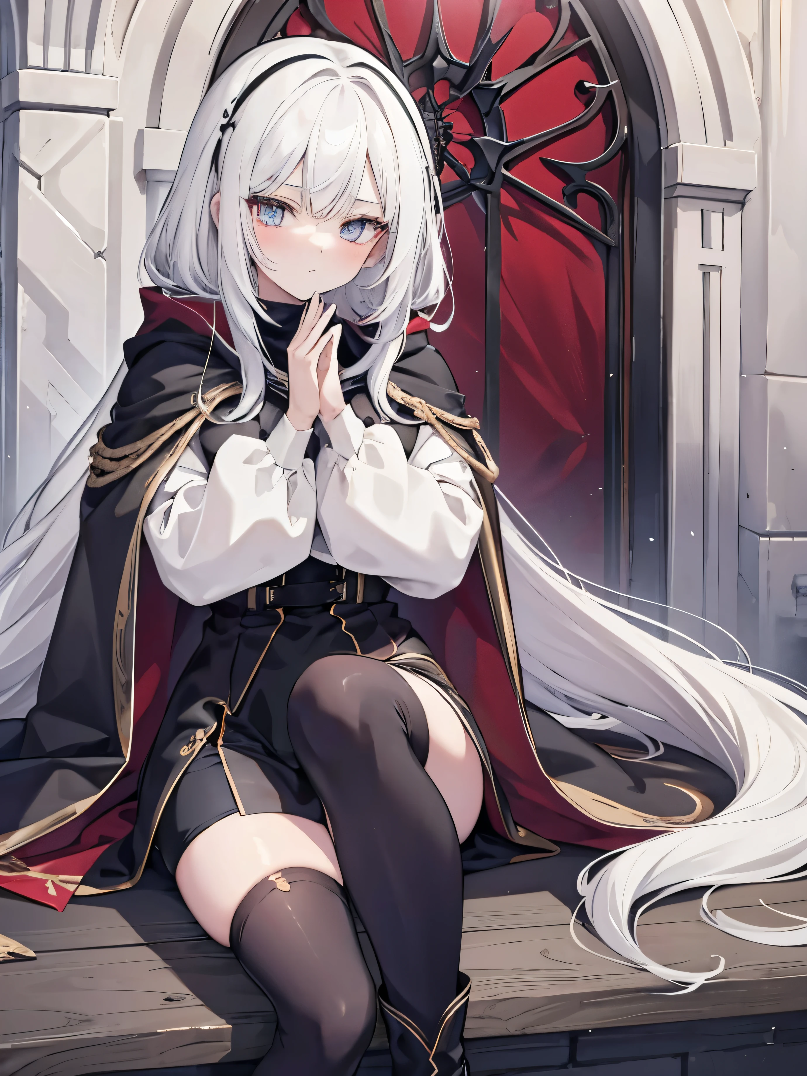 White hair,Waist-length hair,beautiful girl,No Expression,whole body,Height 145 cm,Black shawl cloak,A cloak that covers the body,Different world,HD,8K,detail,whole body,Over the knee socks,Knee socks,Black Silk,Red vest,Black shorts,Ankle boots,No background,With hands,Normal hand,Cute eyes,Normal hands