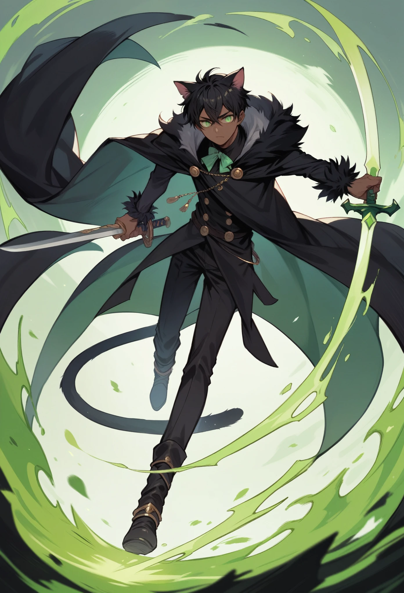 anime boy wearing a black cloak with green energy around him, black hair, green eyes, holding a sword, 4k, dark skin, anime, black cat ears