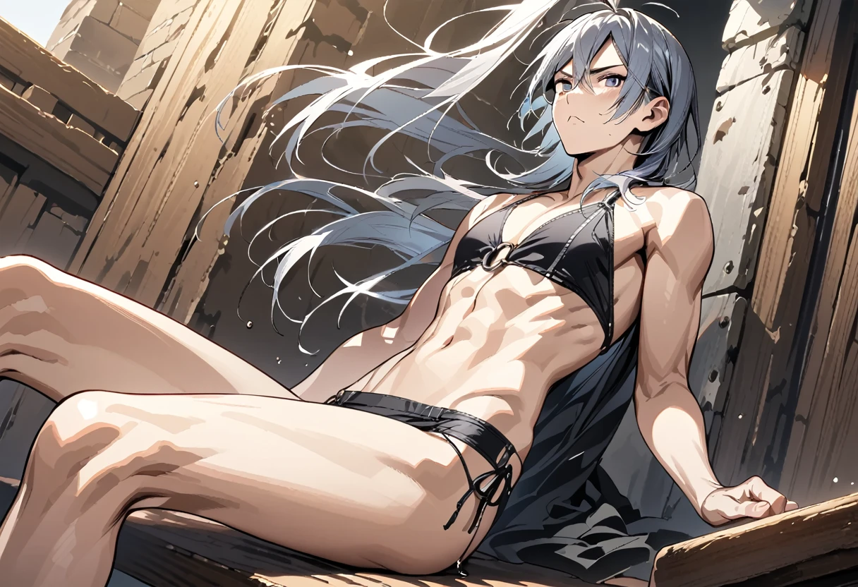 absurdres, highres, ultra detailed, super fine illustration, best quality, 1boy, perfect anatomy, male focus, solo, (dark-skinned:0.8) male, silver hair, long hair, black bikini, bare shoulders, bare arms, bare legs, &lt;lora:_L2090:-0.6&gt; &lt;lora:flat:-0.2&gt;