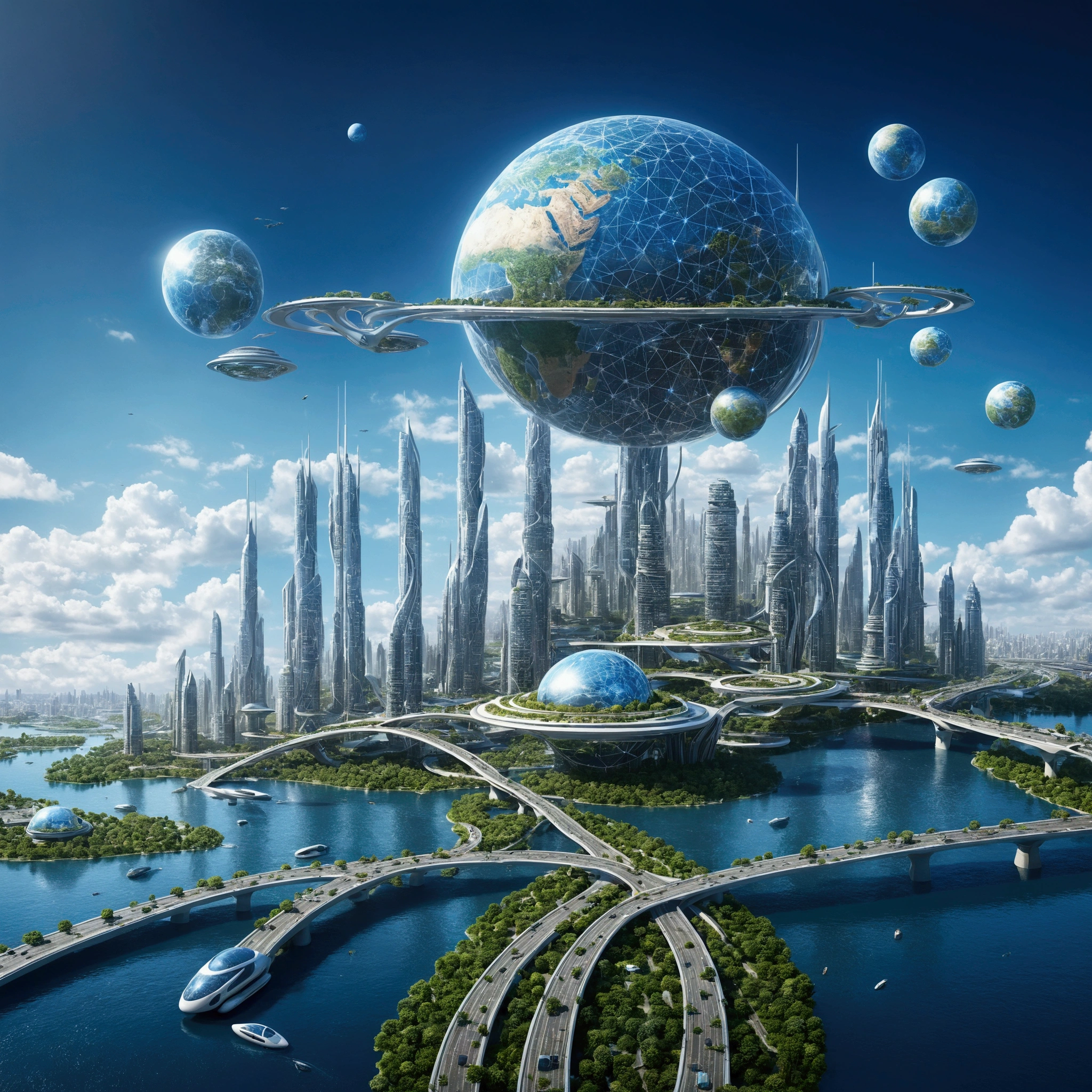 An image of a city with bridges and a large globe, Future city background, City of the Future, Future Cityscape照片, Future Cityscape, Future Utopian City, Cybernetic city background, Future city background, beautiful City of the Future, Otherworldly city of the future, A vision of the city of the future, The future city of mankind is a high-tech floating island. The sky technology city has a sense of technological lines and atmosphere.