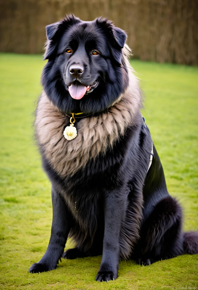 Caucasian Shepherd dog wearing elegant 18th century count's clothes, sunglasses, rich fur collar. Deep black colour