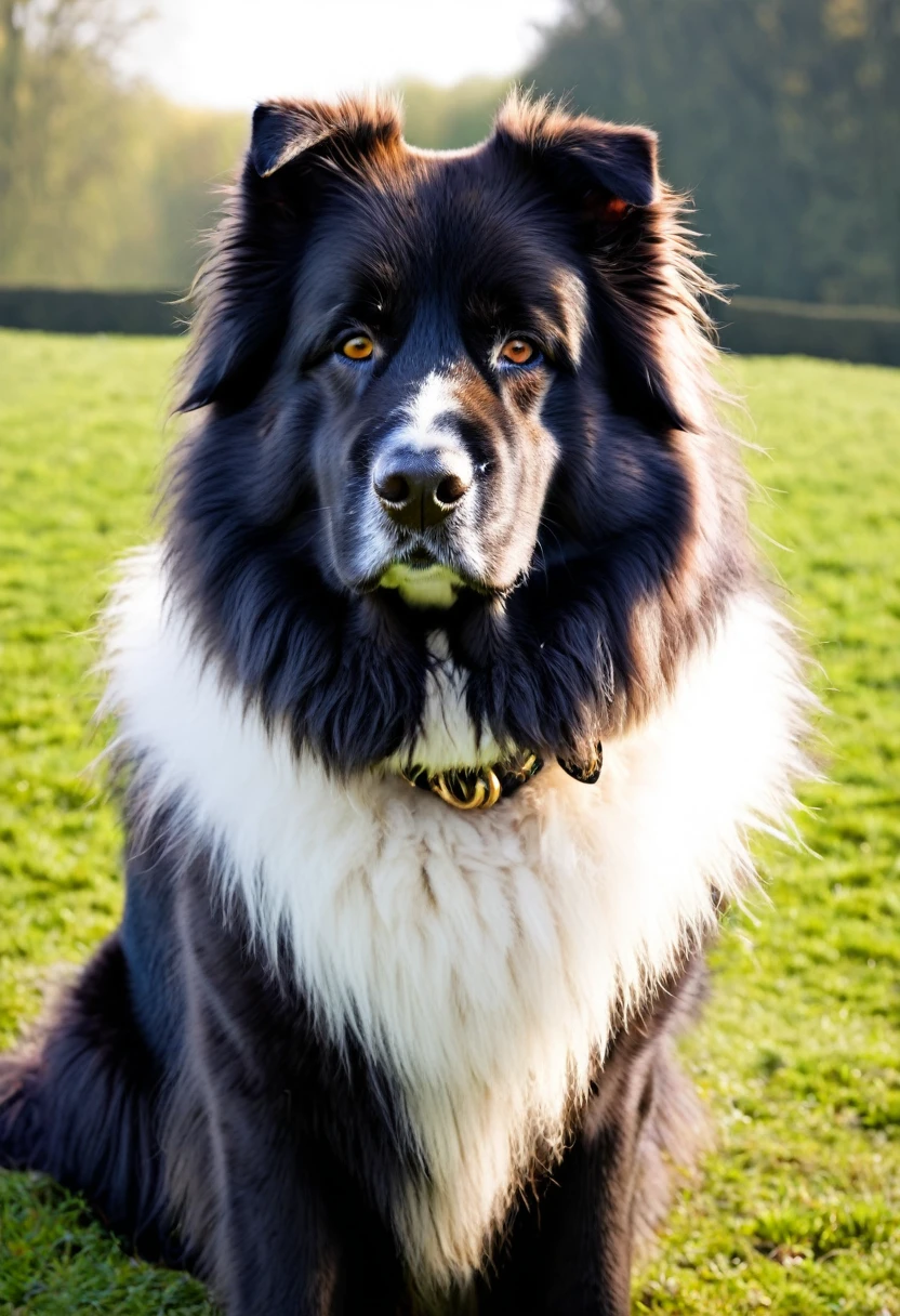 Caucasian Shepherd dog wearing elegant 18th century count's clothes, sunglasses, rich fur collar. Deep black colour