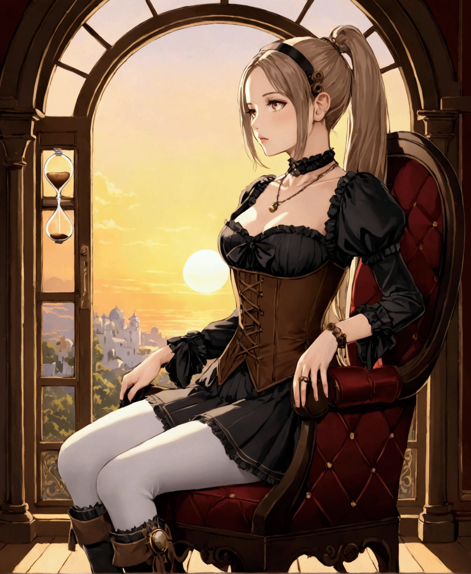 In a large mansion, in a steampunk world, in a sunset, sitting in a chair crossing her legs, nostalgic, looking at the horizon, a beautiful 18 year old woman, /(White skin, extremely long light brown hair combed in a ponytail, locks over left eye, brown eyes,), /(Hourglass body, medium hips, medium waist, shapely legs, large chest, small hands, slender fingers, Greek nose, almond-shaped eyes,), (Victorian style clothing: black blouse, corset covering entire torso fastened with threads, short skirt with gray pleats and back pigtail, knee-high stockings, black knee-high boots, bow on head, rings on fingers, necklace, bracelets on wrists,),
