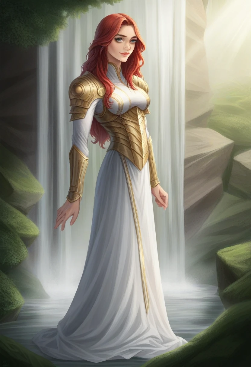 work of art, (((Full-figured))) corpo inteiro no quadro, (((magic lighting action photo))) (((Beautiful light smile seductive sexy anorexic Pale goddess woman standing under the waterfall getting soaked by a ledge of waterfalls high camera angle))), ((( future fantasy green lace intricate long dress covering the body))) , (((long red hair))) sunset lighting, golden hour time, golden colors, very detailded, dramatic lighting, digital art trending on Artstation 8k HD high definition detailded realistic, detailded, texture skin, hyper detailded, realistic texture skin, armour, best qualityer, ultra high resolution, (photorrealistic:1.4), high resolution, detailded, CRU photo, re sharp, by Lee Jeffries Nikon D850 film stock photography 4 Kodak Portra 400 f1 camera.6 lens rich colors hyper realistic lifelike texture dramatic lighting unrealengine trending on artstation cinestill 800, (((accurate female anatomy)))