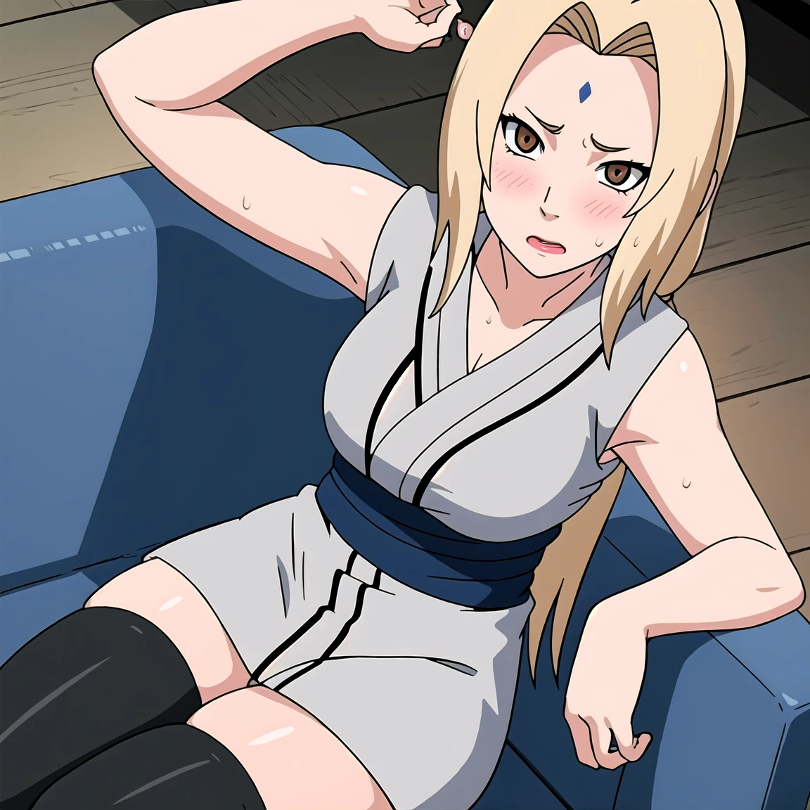 Tsunade , Brown eyes , Blonde Hair , Forehead Mark , (8K, RAW photos, best quality, masterpiece:1.2), (Intricate details), Perfect eyes, Perfect face, Perfect lighting, beautiful, (masterpiece:1.2), (best quality:1.2), 1 Girl, White shirt , Denim shorts , ,(Vision(blush,nervous,Vision,living room,Lying on the sofa,))masterpiece, absurd , (Intricate details), (Colorful), light, Extremely detailed CG unity 8k wallpaper ,1 Girl, solo,(shy,classroom,night,blush,nervous,Sweating,蕾丝dress, ),sweat,blush,blush1.5,Blush,Medium chest,((dress,Black stockings,)),(dress,Standing,Uncomfortable expression,Mouth open,spit)