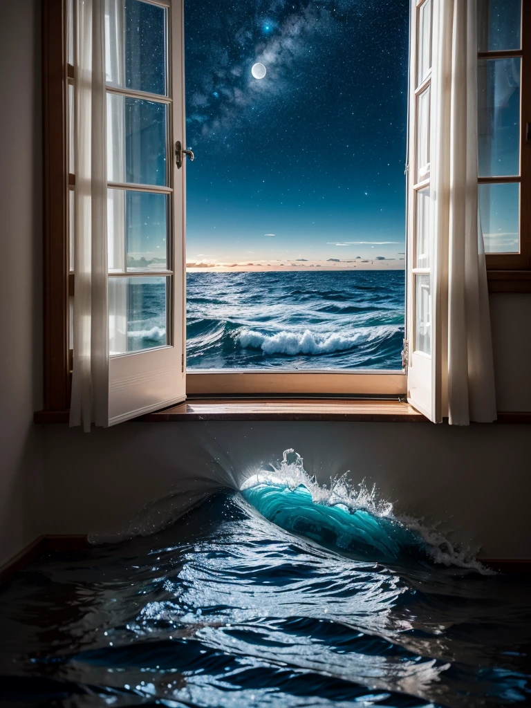 超High resolution, Attention to detail, high quality, High resolution, 最high quality, 4K, 8k,Real,windowから見る景色,Starry Sky,moon,window,room,床が反射面のように見えその下に果てしない深淵があるような錯覚を生み出すroomのトリックアー,