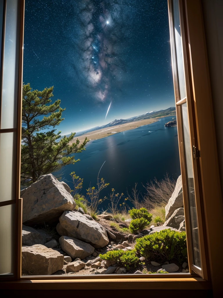 超High resolution, Attention to detail, high quality, High resolution, 最high quality, 4K, 8k,Real,windowから見る景色,Starry Sky,moon,window,room,床が反射面のように見えその下に果てしない深淵があるような錯覚を生み出すroomのトリックアー,